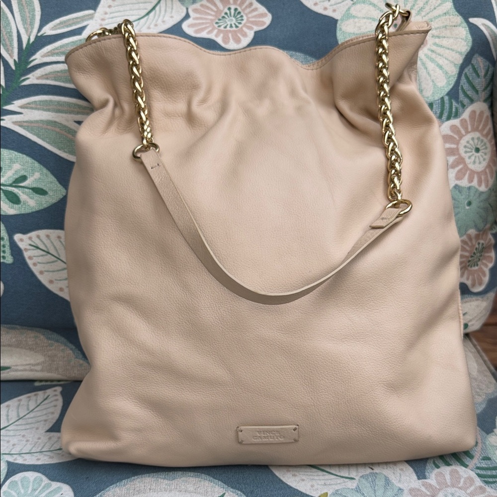 Vince Camuto Tan Cream Leather Shoulder Bag with Gold Chain